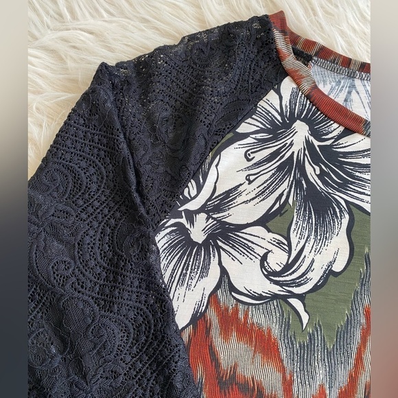 Women’s Plus Size Earth Tone Floral Trapeze Flowy Dress Lace Sleeve‎ Pockets 3X - Picture 8 of 11